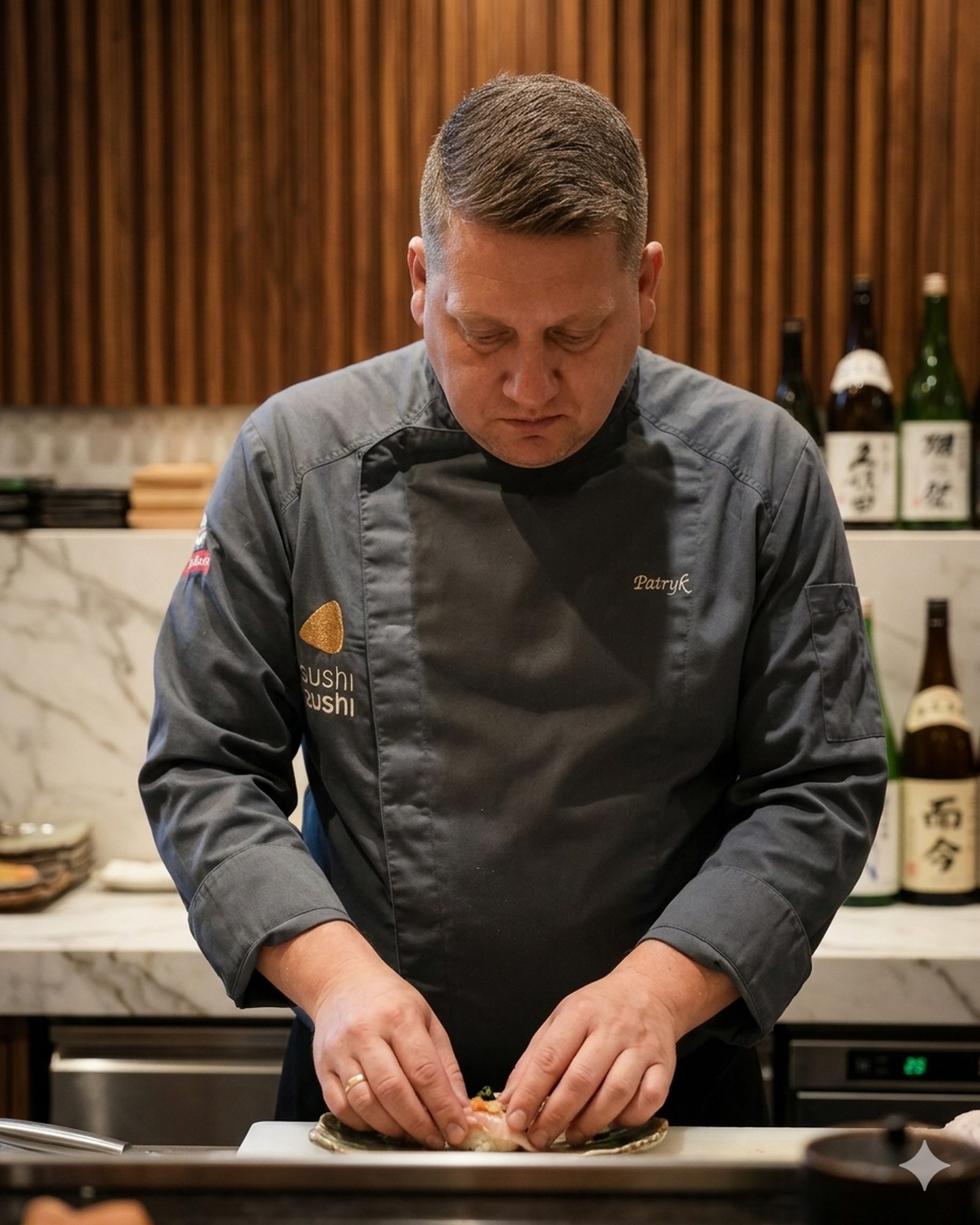 Sushi master w kuchni Sushi Zushi przy pracy nad zestawami nigiri